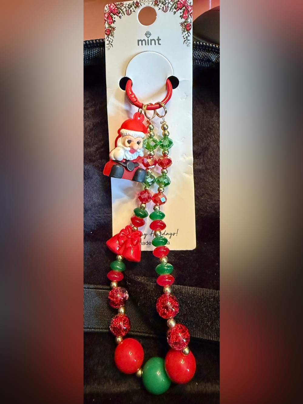 Mint Red & Green Santa Beaded Keychain Charm